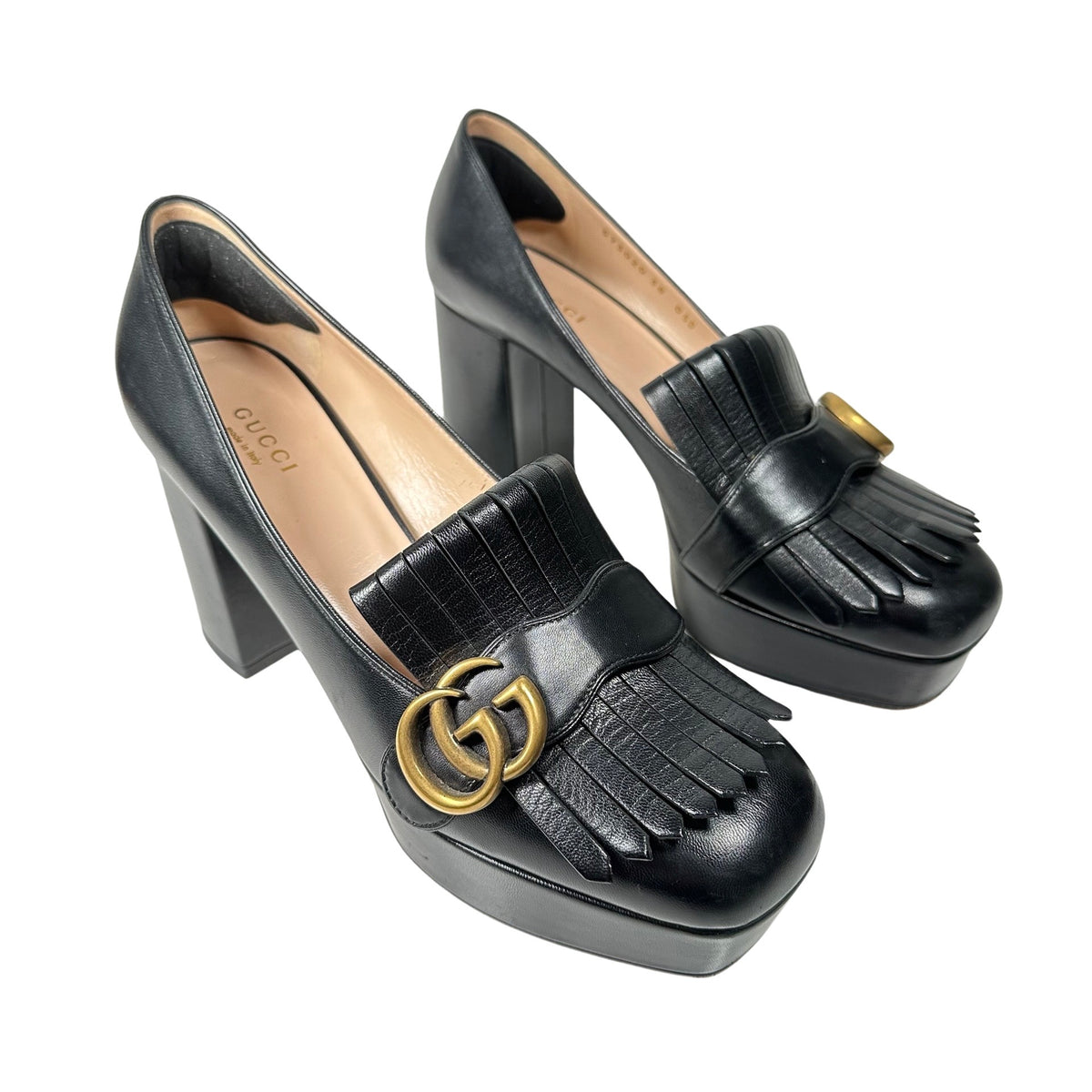 Gucci GG Marmont Black Leather Fringe Platform Loafer