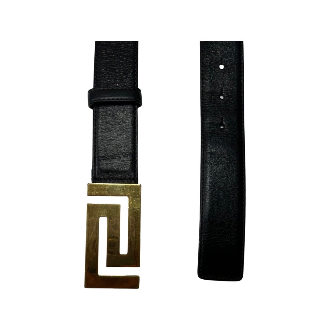 Versace Black Leather Gold Greek Key Buckle Belt 38 | FOMO