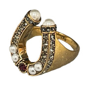 Alexander McQueen - Gold Horseshoe Ring w/Crystals & Pearls