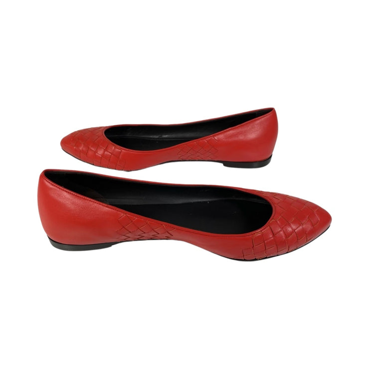 Bottega Veneta - Red Leather Intrecciato Flat