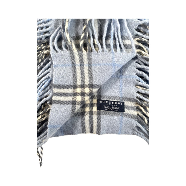 Burberry - Light Blue House Check Fringe Lambswool Scarf