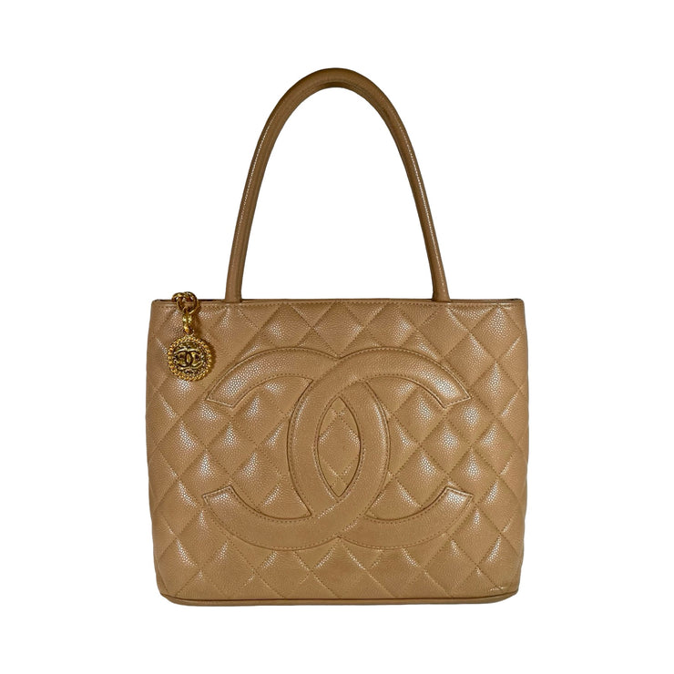 Chanel - CC Beige Quilted Caviar Leather Gold Medallion Tote