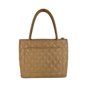 Chanel - CC Beige Quilted Caviar Leather Gold Medallion Tote