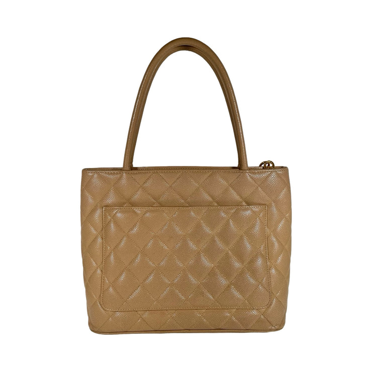 Chanel - CC Beige Quilted Caviar Leather Gold Medallion Tote