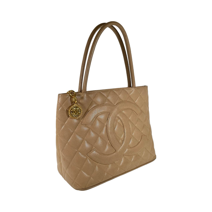 Chanel - CC Beige Quilted Caviar Leather Gold Medallion Tote