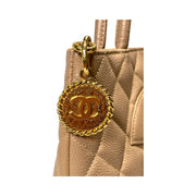 Chanel - CC Beige Quilted Caviar Leather Gold Medallion Tote