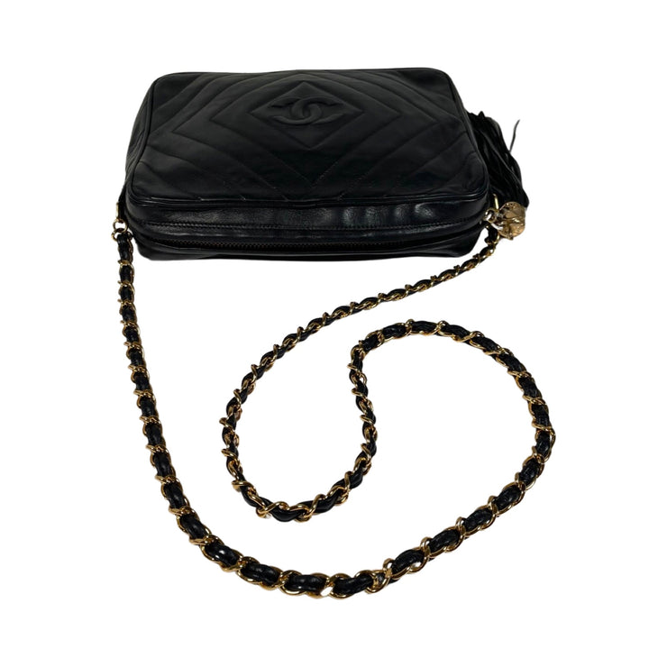 Chanel - CC Vintage Black Lambskin Diamond Chevron Gold Chain Bag