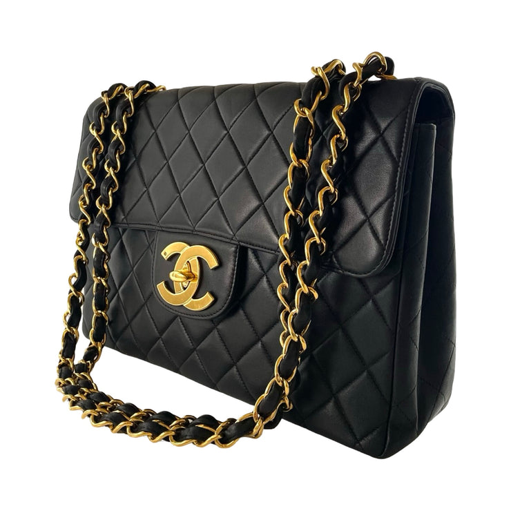 Chanel - CC Black Quilted Lambskin Jumbo Single Flap Turn Lock