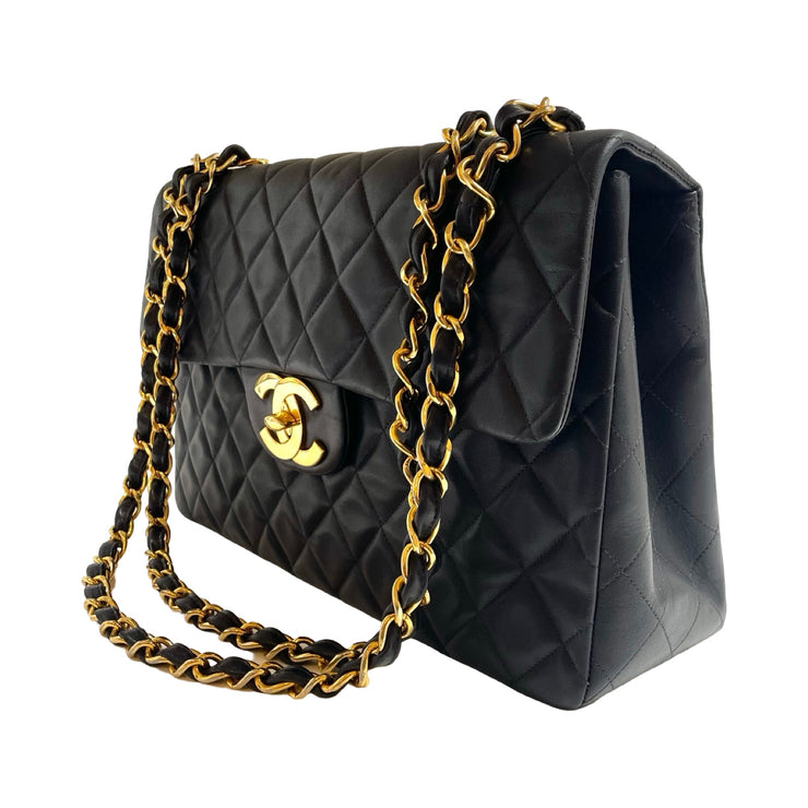 Chanel - CC Classic Jumbo Maxi Single Flap Black Quilted Lambskin