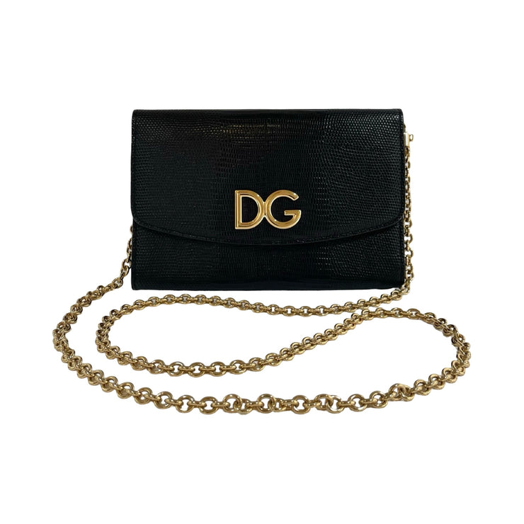 Dolce & Gabbana - DG Black Embossed Lizard Large Wallet On Chain