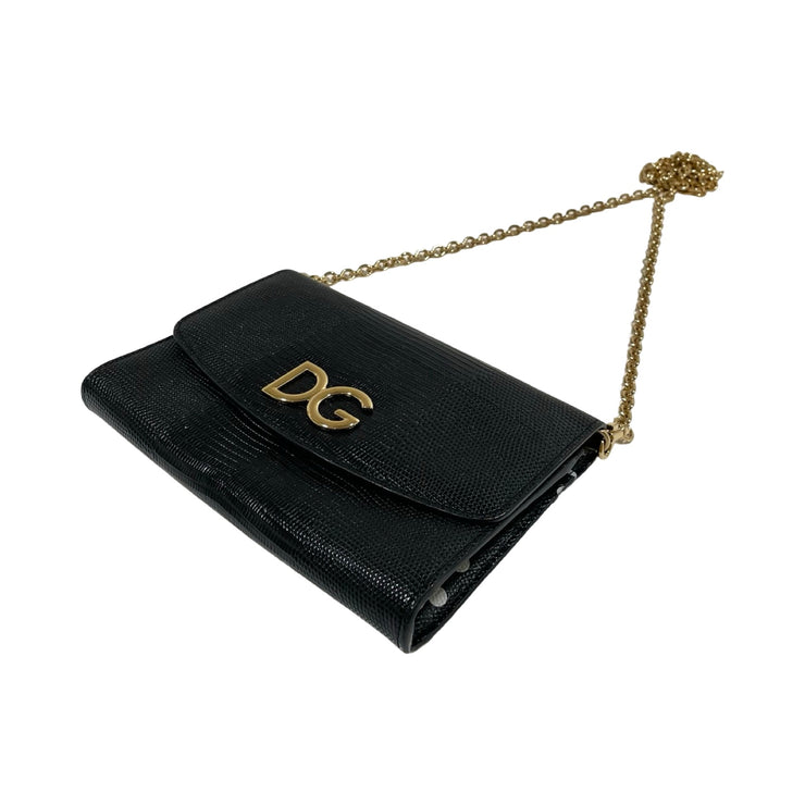 Dolce & Gabbana - DG Black Embossed Lizard Large Wallet On Chain