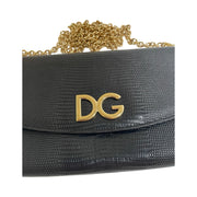 Dolce & Gabbana - DG Black Embossed Lizard Large Wallet On Chain