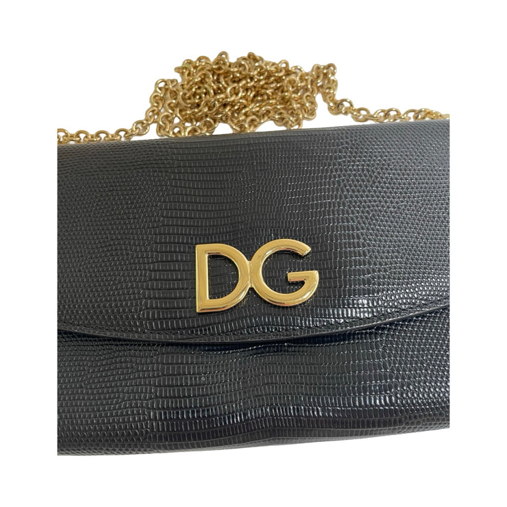 Dolce & Gabbana - DG Black Embossed Lizard Large Wallet On Chain