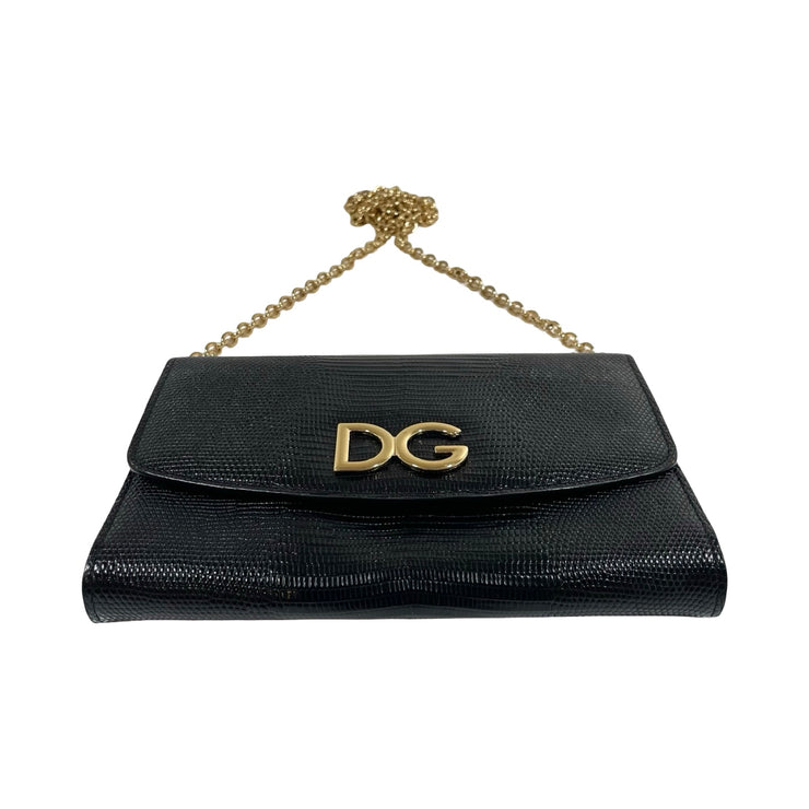 Dolce & Gabbana - DG Black Embossed Lizard Large Wallet On Chain