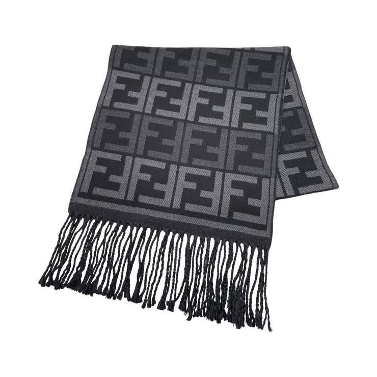 Fendi - FF Zucca Black & Grey Fringe Wool Scarf