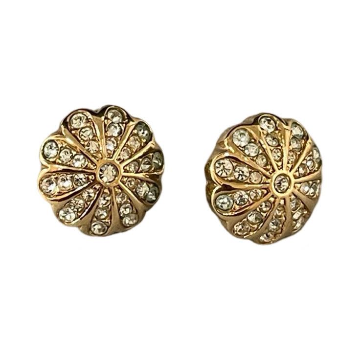 Christian Dior - Vintage Round Gold Post Crystal Sunburst Flower Earrings