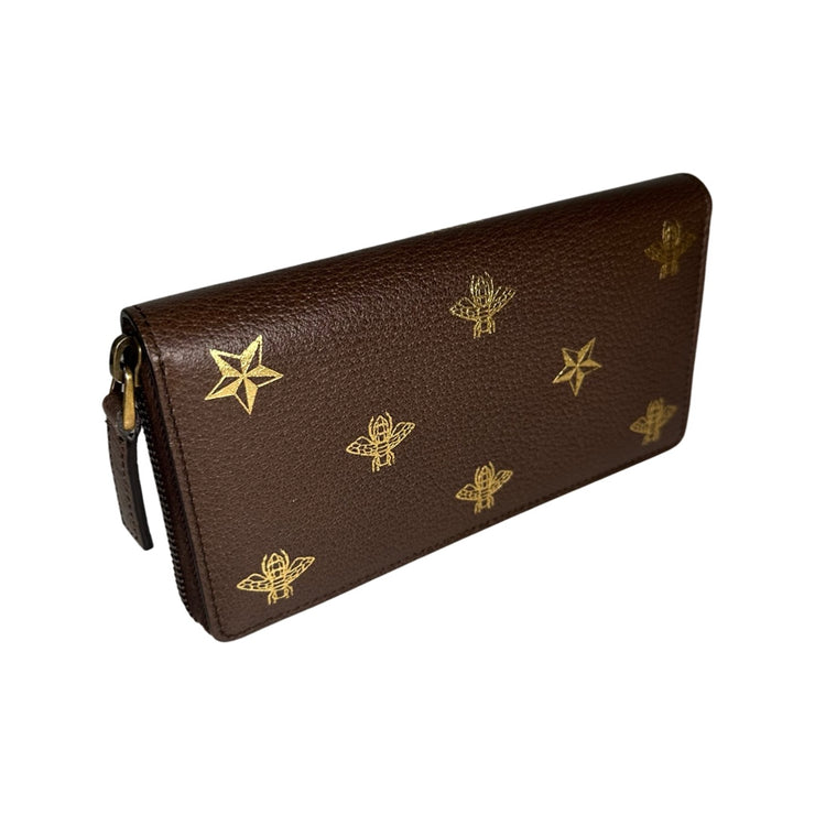 Gucci - Bee Star Brown & Gold Leather Zip Wallet