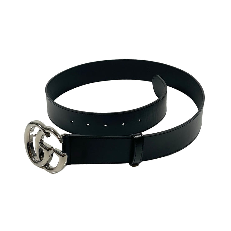 Gucci - Black Leather Silver GG Marmont Belt