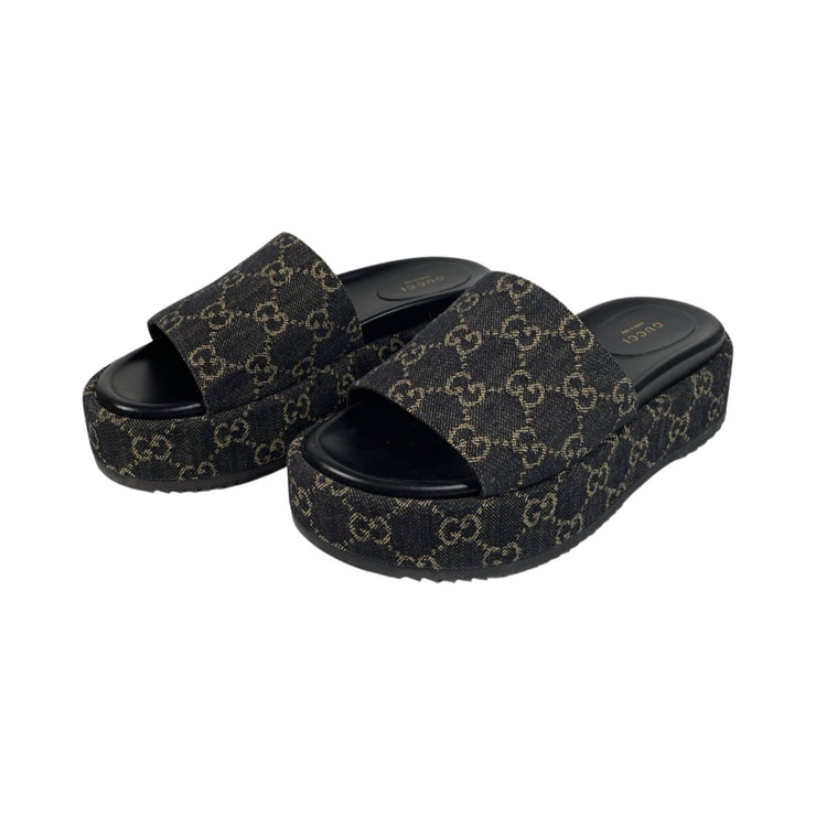 Gucci - GG Black Denim Angelica Platform Slide Sandals