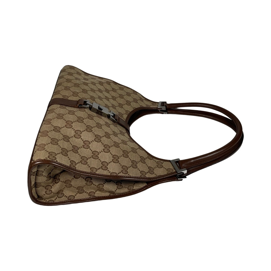 Gucci GG Canvas Jackie Bardot Brown Leather Handbag | FOMO