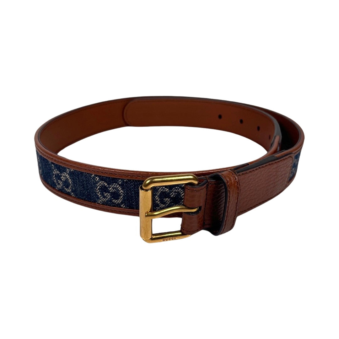 Gucci GG Jacquard Denim & Brown Leather Belt 80/32 | FOMO Gucci GG Jacquard Denim & Brown Leather Belt 80/32 | FOMO