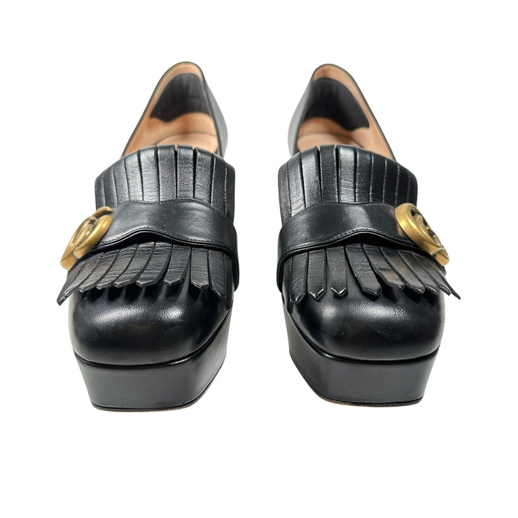 Gucci - GG Marmont Black Leather Fringe Platform Loafer 38