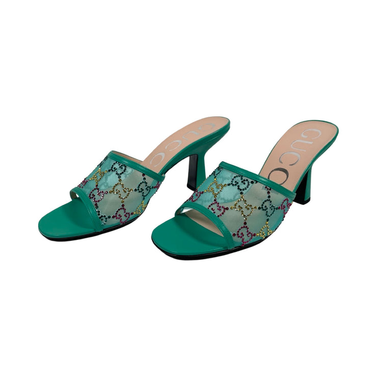 Gucci - NEW Tom Mesh GG Crystals Turquoise Mule Slides