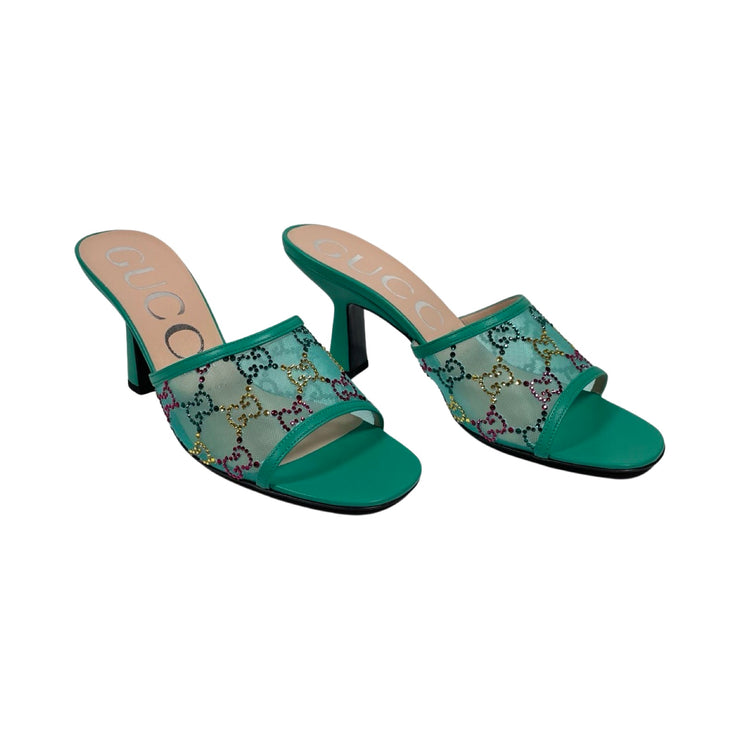 Gucci - NEW Tom Mesh GG Crystals Turquoise Mule Slides