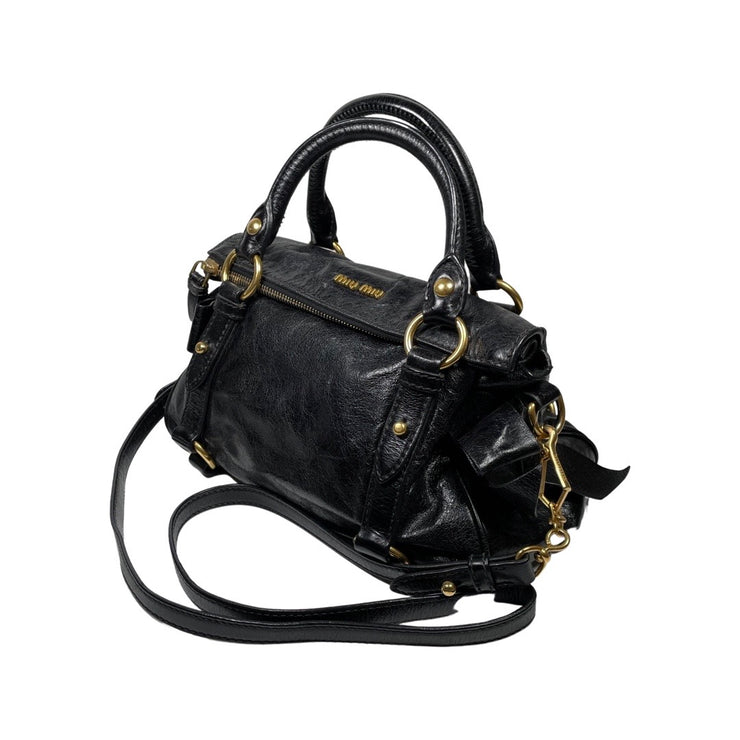 Miu Miu Black Vitello Lux Leather Mini Bow Top Handle Bag