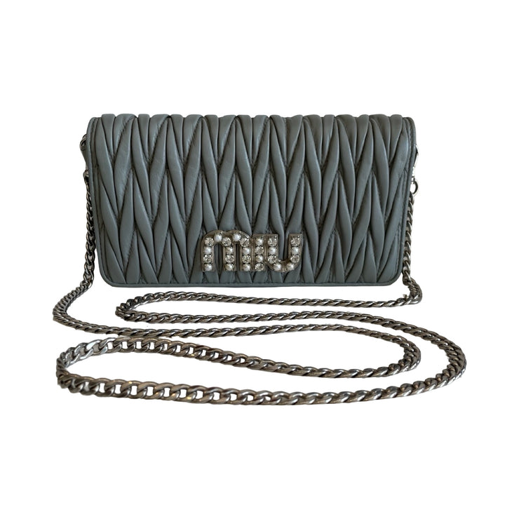 Miu Miu - Grey Nappa Matelasse Pearl & Crystal Crossbody Wristlet