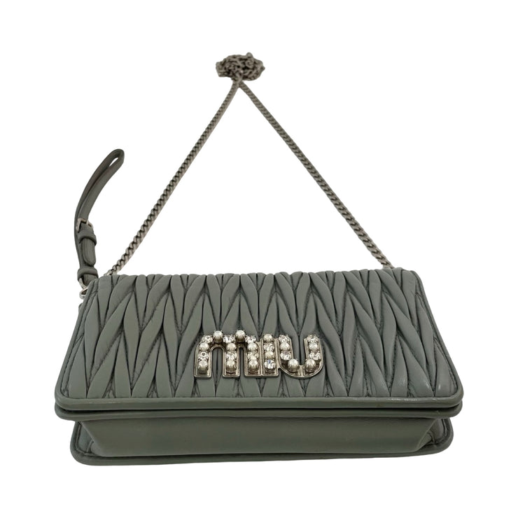 Miu Miu - Grey Nappa Matelasse Pearl & Crystal Crossbody Wristlet