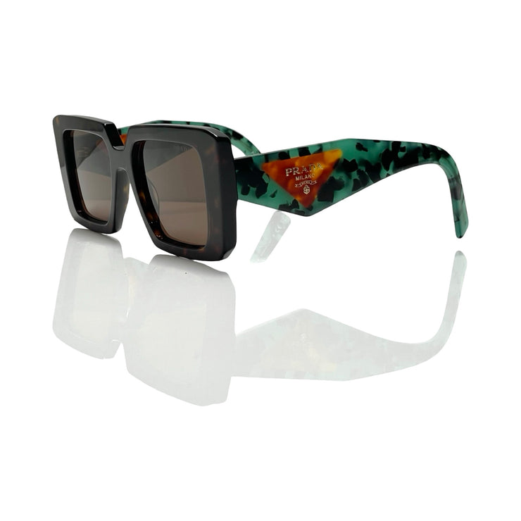 Prada - Symbole Havana Rectangular Teal Arm Sunglasses