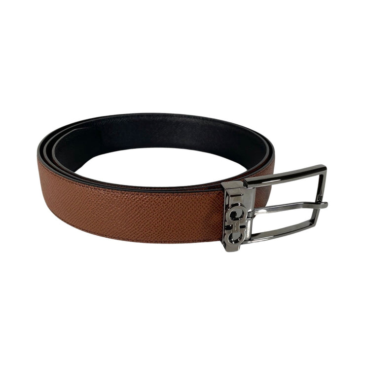Salvatore Ferragamo - Brown Leather Mini Gancini Gunmetal Belt