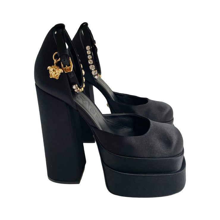 Versace - Medusa Aevitas Black Satin Platform Pumps with Crystals