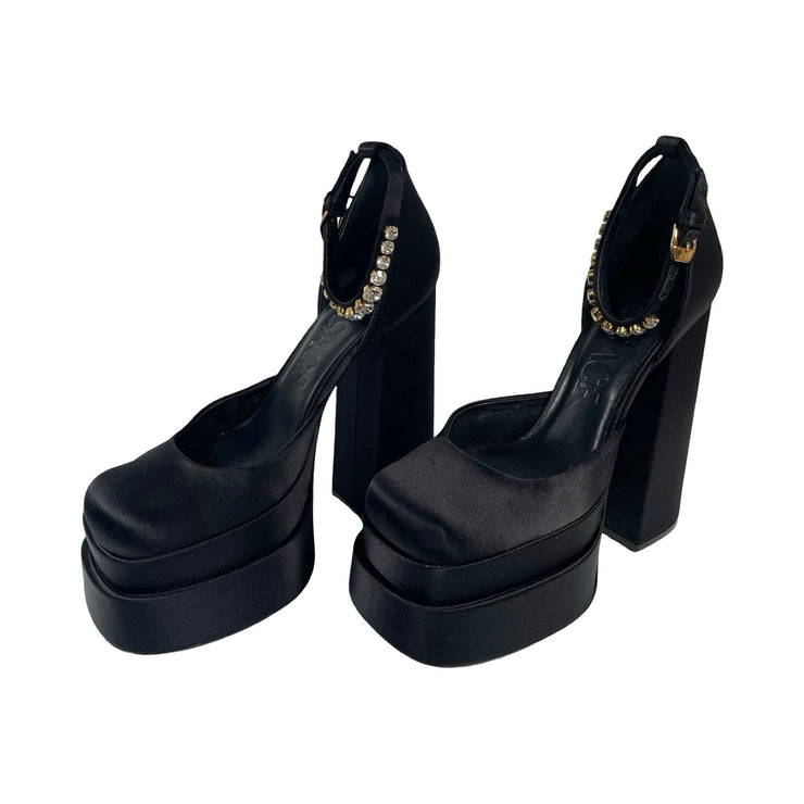 Versace - Medusa Aevitas Black Satin Platform Pumps with Crystals