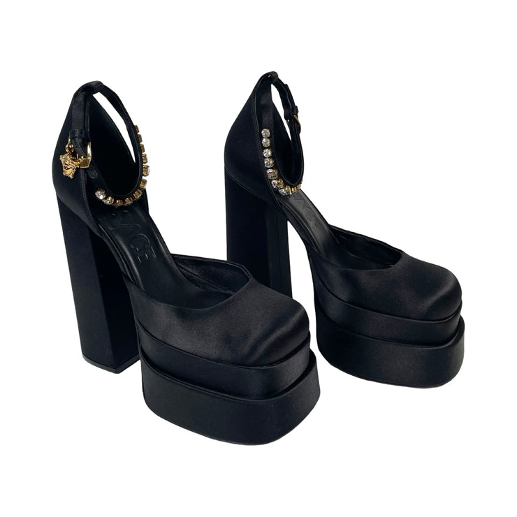 Versace - Medusa Aevitas Black Satin Platform Pumps with Crystals