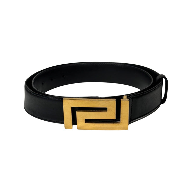 Versace - Black Leather Gold Greek Key Buckle Belt